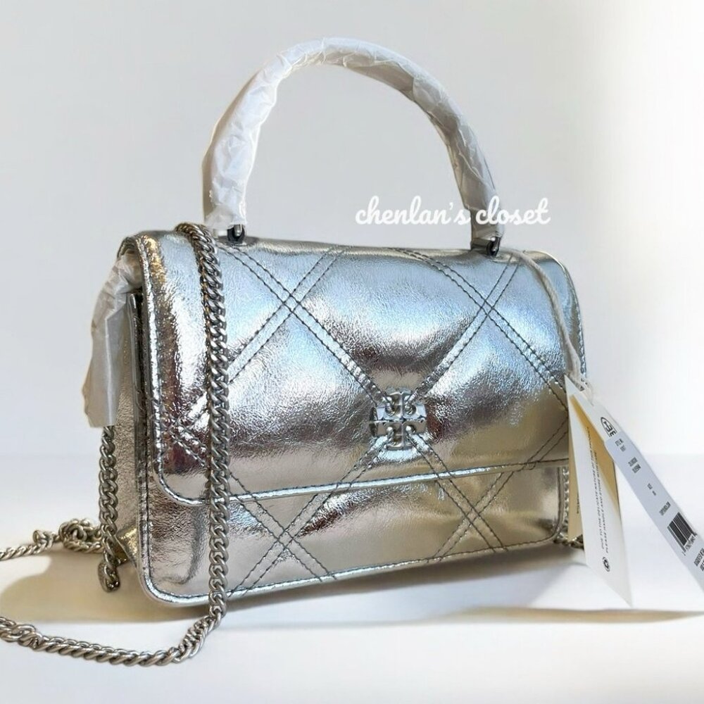 Tory Burch Silver Quilted Crossbody Bag with Chain Strap